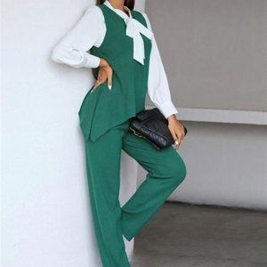 Asymmetrical Hem Sweater Vest & Knit Pants- SHEIN